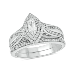 Marquise White Lab-Created Sapphire and 1/3 CT. T.W. Diamond Double Frame Bridal Set in Sterling Silver