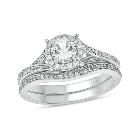 5.0mm White Lab-Created Sapphire and 1/4 CT. T.W. Diamond Frame Vintage ...