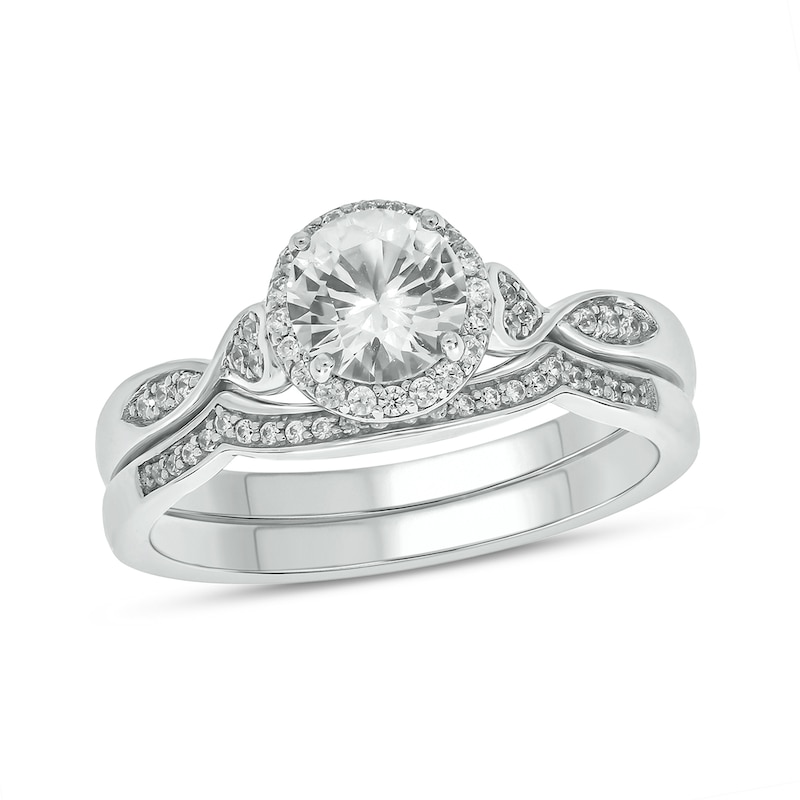 Main Image 1 of 6.0mm White Lab-Created Sapphire and 1/5 CT. T.W. Diamond Frame Twist Shank Bridal Set in Sterling Silver