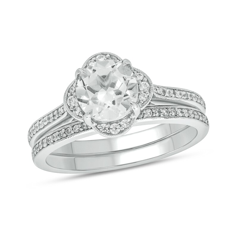 Main Image 1 of 7.0mm White Lab-Created Sapphire and 1/4 CT. T.W. Diamond Clover Frame Vintage-Style Bridal Set in Sterling Silver