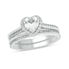 Thumbnail Image 1 of 6.0mm Heart-Shaped White Lab-Created Sapphire and 1/3 CT. T.W. Diamond Frame Bridal Set in Sterling Silver