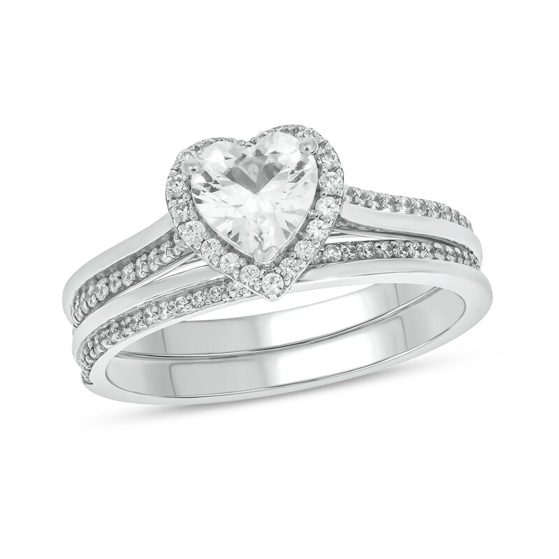 Main Image 1 of 6.0mm Heart-Shaped White Lab-Created Sapphire and 1/3 CT. T.W. Diamond Frame Bridal Set in Sterling Silver