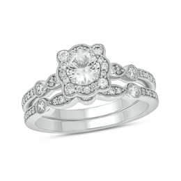 5.0mm White Lab-Created Sapphire and 1/3 CT. T.W. Diamond Floral Frame Vintage-Style Bridal Set in Sterling Silver