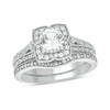 Thumbnail Image 1 of 6.0mm White Lab-Created Sapphire and 1/3 CT. T.W. Diamond Frame Vintage-Style Split Shank Bridal Set in Sterling Silver