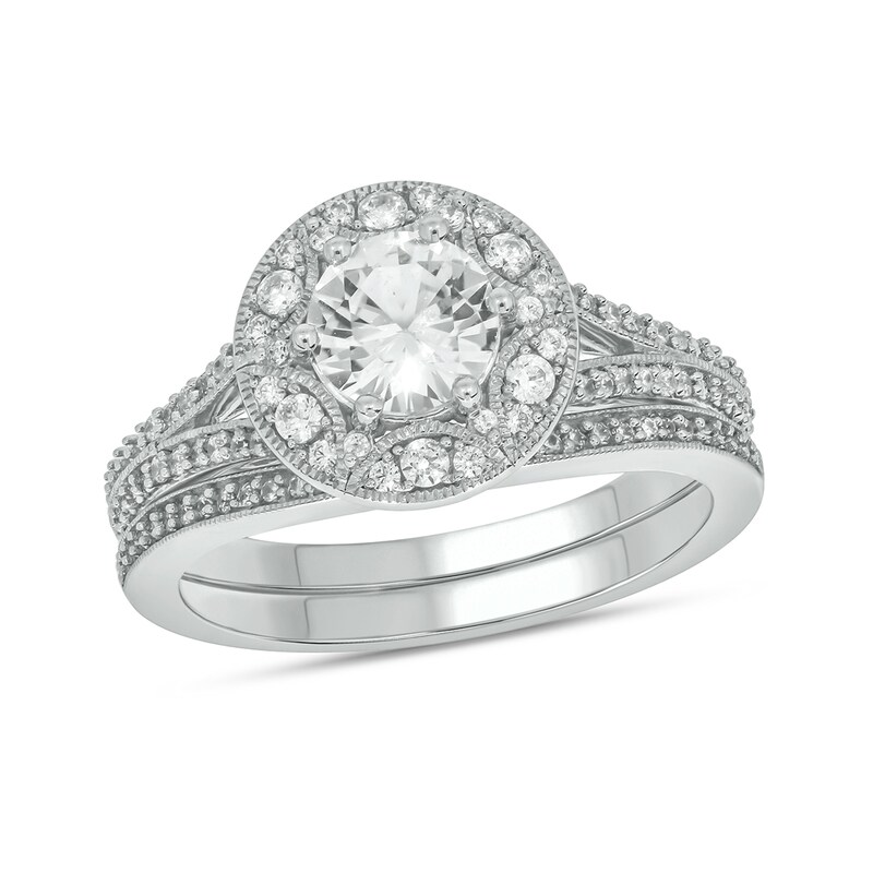 6.0mm White Lab-Created Sapphire and 1/3 CT. T.W. Diamond Frame Vintage-Style Bridal Set in Sterling Silver