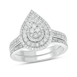 3/8 CT. T.W. Pear-Shaped Multi-Diamond Triple Frame Bridal Set in Sterling Silver