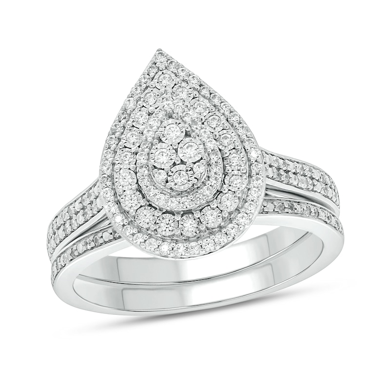 Main Image 1 of 3/8 CT. T.W. Pear-Shaped Multi-Diamond Triple Frame Bridal Set in Sterling Silver