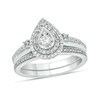 Thumbnail Image 1 of 1/4 CT. T.W. Pear-Shaped Multi-Diamond Double Frame Bridal Set in Sterling Silver