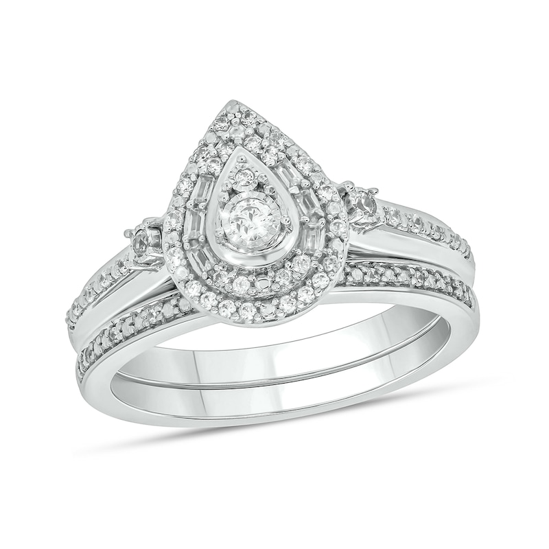 1/4 CT. T.W. Pear-Shaped Multi-Diamond Double Frame Bridal Set in Sterling Silver