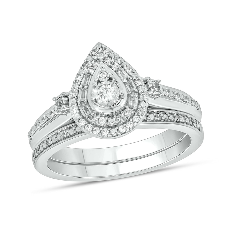 Main Image 1 of 1/4 CT. T.W. Pear-Shaped Multi-Diamond Double Frame Bridal Set in Sterling Silver