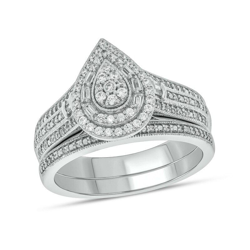 Main Image 1 of 1/2 CT. T.W. Pear-Shaped Multi-Diamond Double Frame Vintage-Style Bridal Set in Sterling Silver
