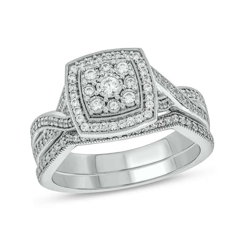 Main Image 1 of 1/2 CT. T.W. Princess-Shaped Multi-Diamond Frame Vintage-Style Bridal Set in Sterling Silver