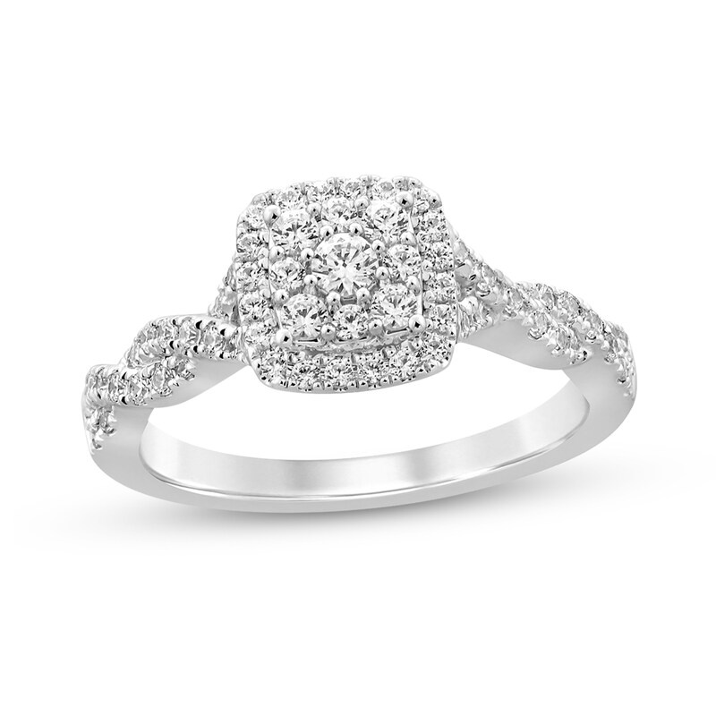 1/2 CT. T.W. Cushion-Shaped Multi-Diamond Frame Twist Shank Engagement Ring in 14K White Gold (I/I2)