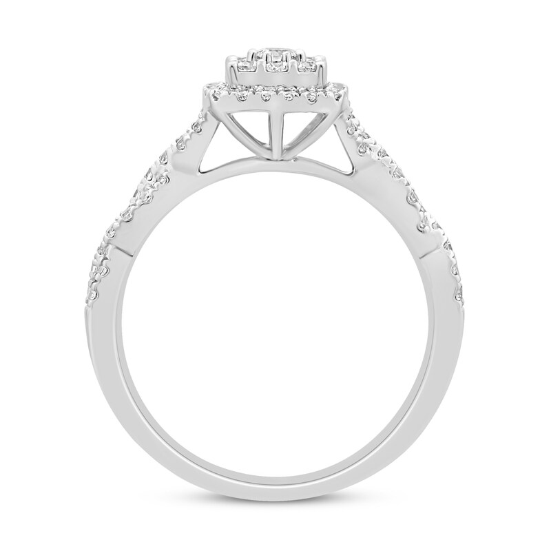 1/2 CT. T.W. Cushion-Shaped Multi-Diamond Frame Twist Shank Engagement Ring in 14K White Gold (I/I2)