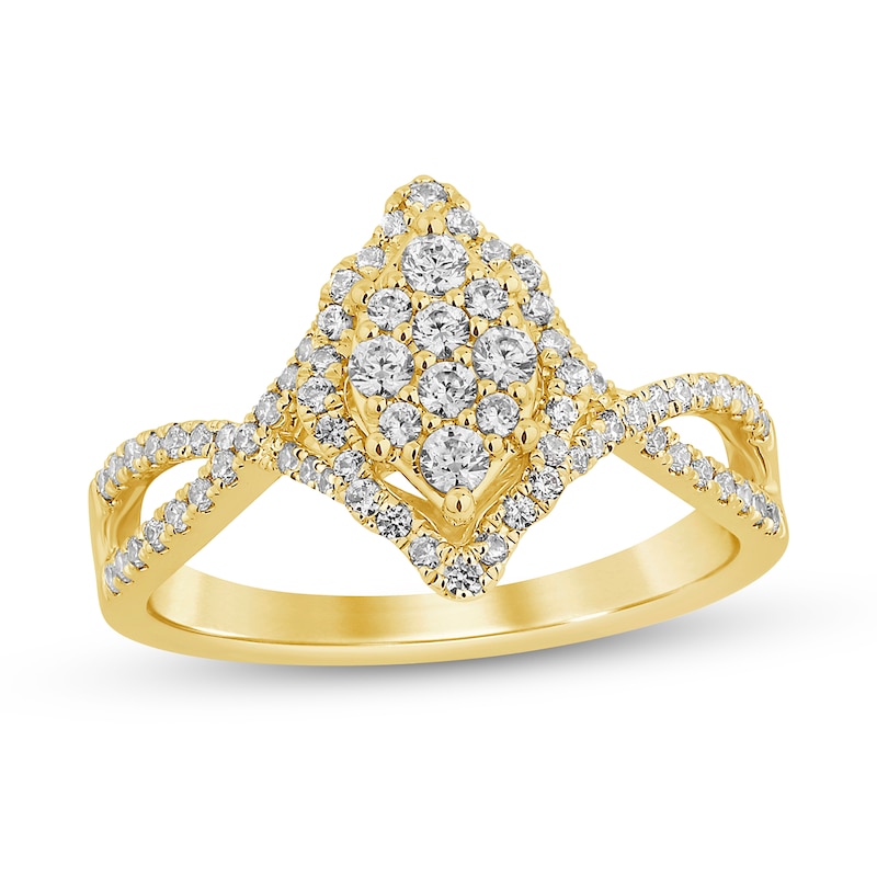 Main Image 1 of 1/2 CT. T.W. Marquise-Shaped Multi-Diamond Frame Twist Shank Engagement Ring in 14K Gold (I/I2)