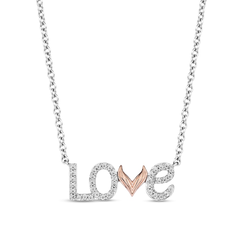 Main Image 1 of Enchanted Disney Ariel 1/6 CT. T.W. Diamond and Mermaid Tail "LOVE" Necklace in Sterling Silver and 10K Rose Gold