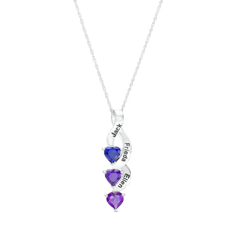 Mother's 5.0mm Heart-Shaped Simulated Gemstone Stacked Engravable Ribbon Pendant in Sterling Silver (3 Stones and Lines)