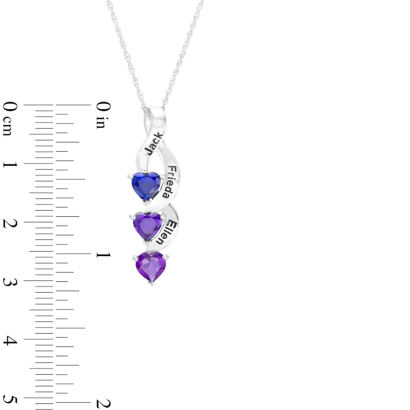 Mother's 5.0mm Heart-Shaped Simulated Gemstone Stacked Engravable Ribbon Pendant in Sterling Silver (3 Stones and Lines)