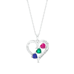 Mother's 5.0mm Simulated Gemstone and White Lab-Created Sapphire Heart Pendant in Sterling Silver (3 Stones and 1 Line)