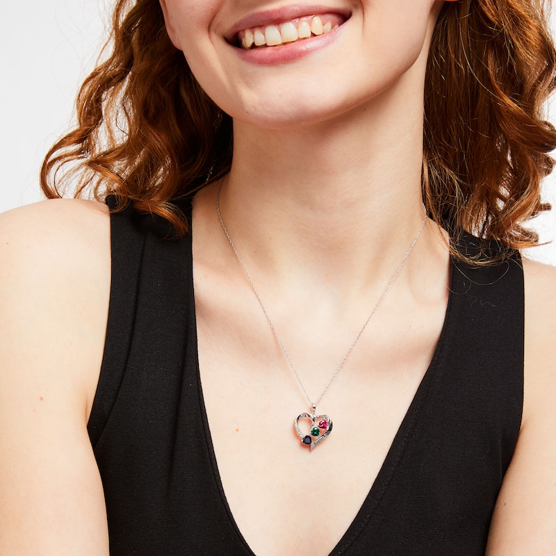 Main Image 2 of Mother's 5.0mm Simulated Gemstone and White Lab-Created Sapphire Heart Pendant in Sterling Silver (3 Stones and 1 Line)