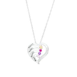 Mother's Simulated Gemstone and White Lab-Created Sapphire Heart Pendant in Sterling Silver (4 Stones and Names)