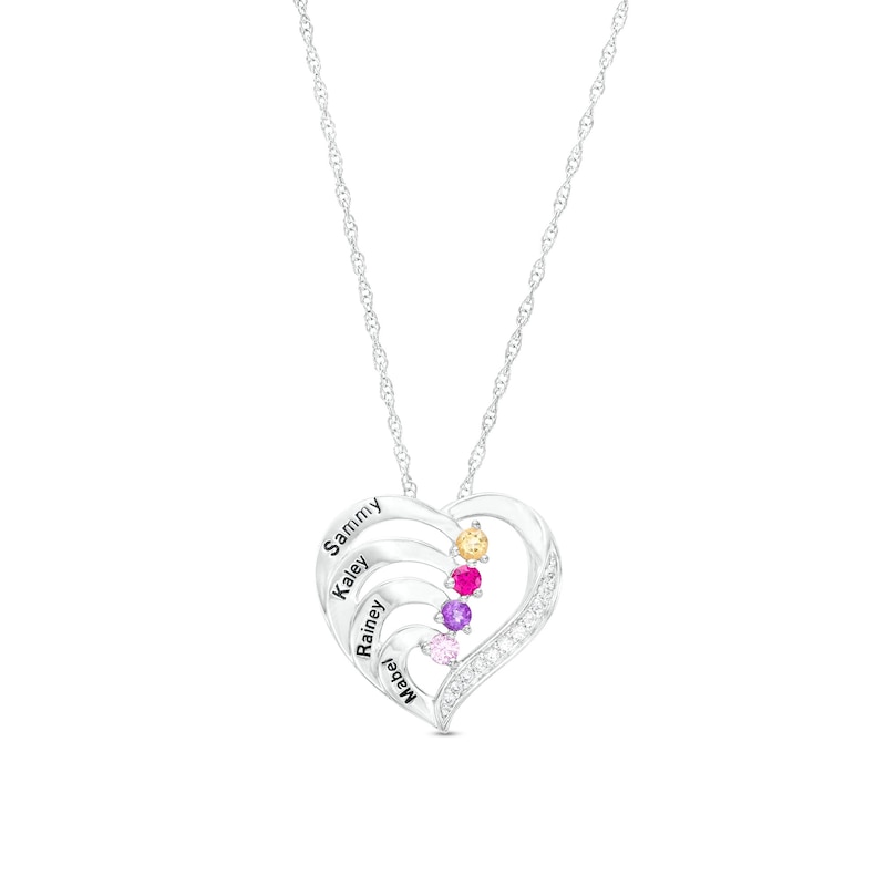 Mother's Simulated Gemstone and White Lab-Created Sapphire Heart Pendant in Sterling Silver (4 Stones and Names)