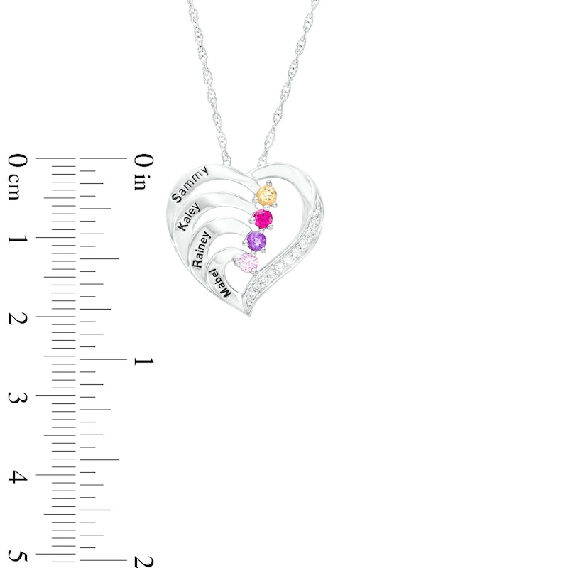 Main Image 3 of Mother's Simulated Gemstone and White Lab-Created Sapphire Heart Pendant in Sterling Silver (4 Stones and Names)