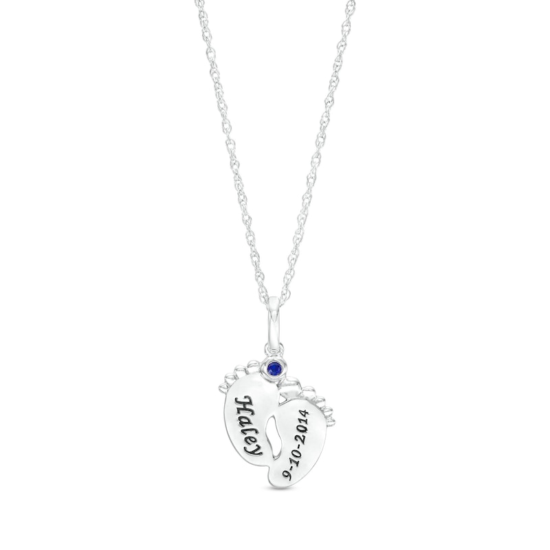 Main Image 1 of Mother's Simulated Gemstone Engravable Baby Feet Pendant in Sterling Silver (1 Stone and 2 Lines)