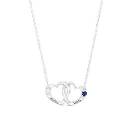 Couple's 3.0mm Simulated Gemstone Engravable Interlocking Hearts Necklace in Sterling Silver (2 Stones and Lines)