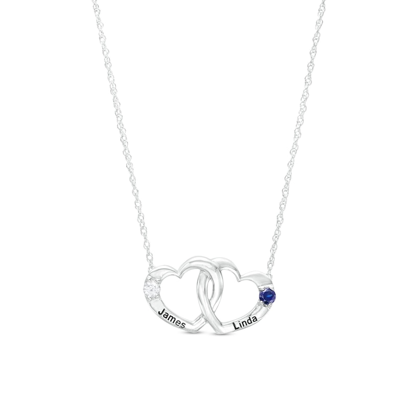 Main Image 1 of Couple's 3.0mm Simulated Gemstone Engravable Interlocking Hearts Necklace in Sterling Silver (2 Stones and Lines)