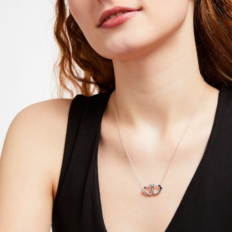 Main Image 2 of Couple's 3.0mm Simulated Gemstone Engravable Interlocking Hearts Necklace in Sterling Silver (2 Stones and Lines)