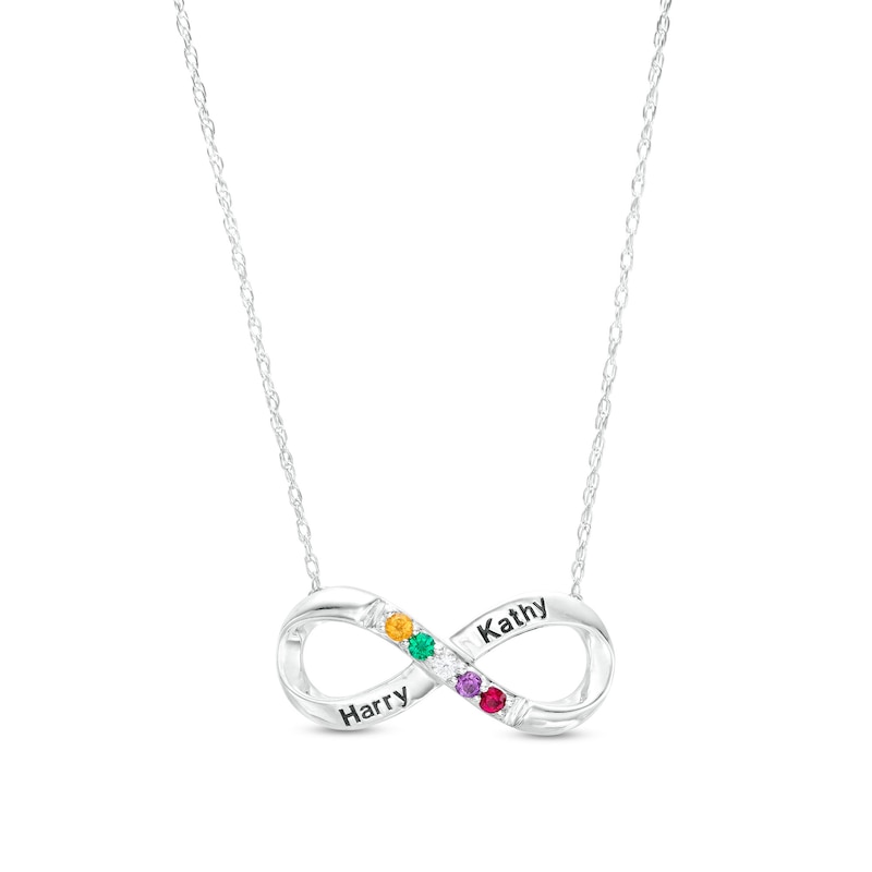 Main Image 1 of Couple's Simulated Gemstone Engravable Infinity Loop Necklace in Sterling Silver (5 Stones and 2 Lines)
