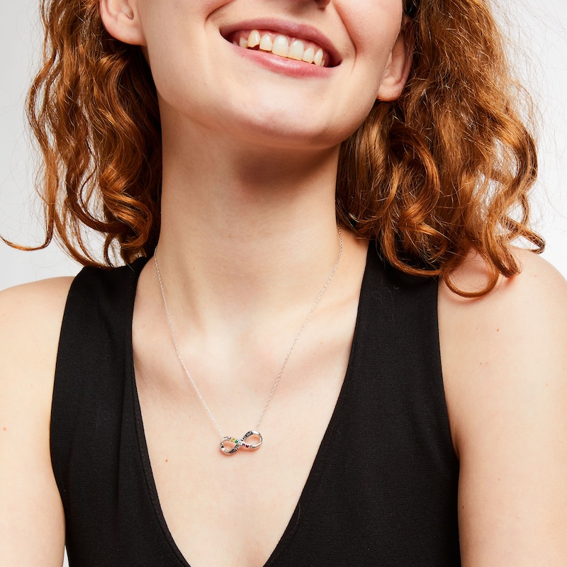 Main Image 2 of Couple's Simulated Gemstone Engravable Infinity Loop Necklace in Sterling Silver (5 Stones and 2 Lines)
