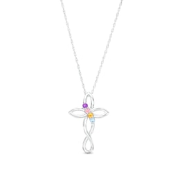Mother's Simulated Gemstone Slant Gothic-Style Loop Cross Pendant in Sterling Silver (4 Stones)