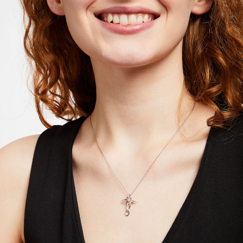Main Image 2 of Mother's Simulated Gemstone Slant Gothic-Style Loop Cross Pendant in Sterling Silver (4 Stones)