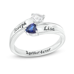 Couple's 4.0mm Heart-Shaped Simulated Gemstone Engravable Bypass Ring in Sterling Silver (2 Stones and 3 Lines)