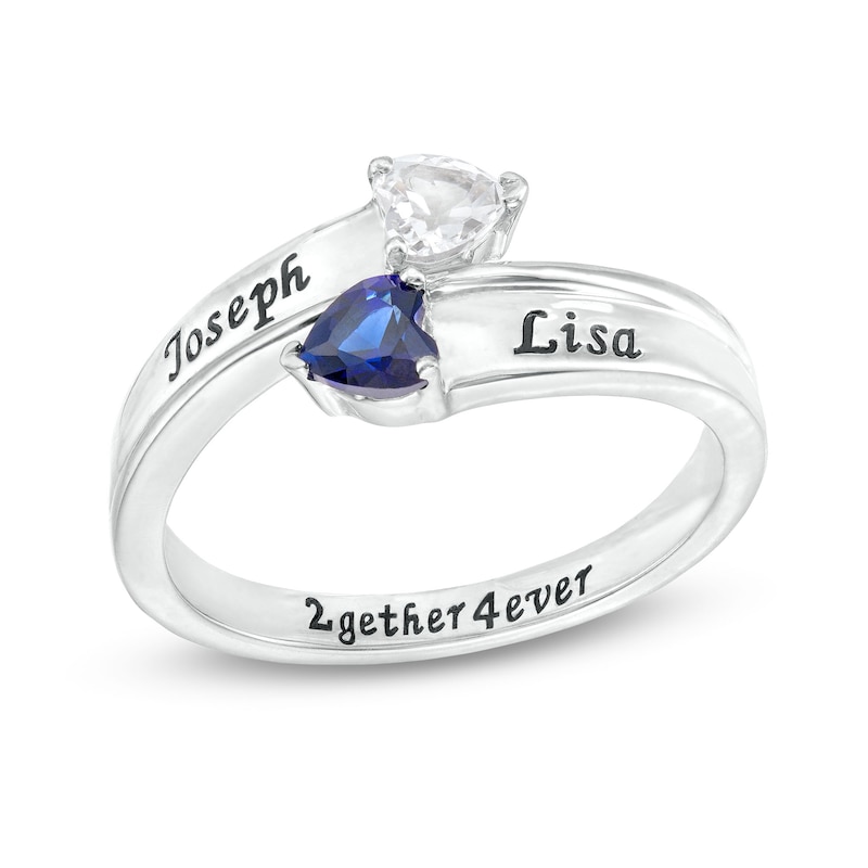 Main Image 1 of Couple's 4.0mm Heart-Shaped Simulated Gemstone Engravable Bypass Ring in Sterling Silver (2 Stones and 3 Lines)