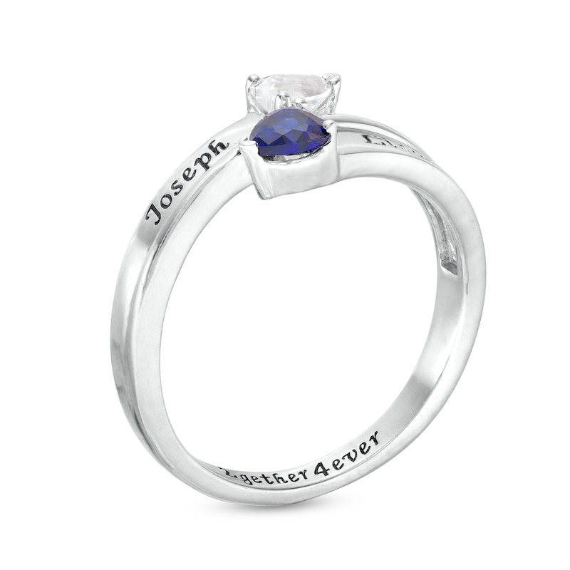 Main Image 3 of Couple's 4.0mm Heart-Shaped Simulated Gemstone Engravable Bypass Ring in Sterling Silver (2 Stones and 3 Lines)