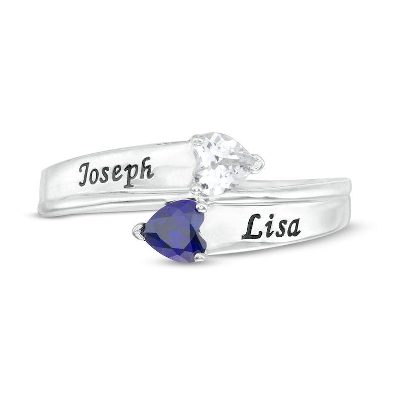 Main Image 4 of Couple's 4.0mm Heart-Shaped Simulated Gemstone Engravable Bypass Ring in Sterling Silver (2 Stones and 3 Lines)