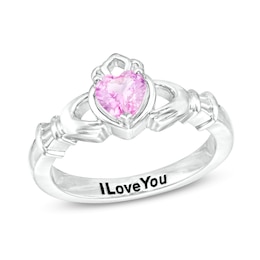 5.0mm Heart-Shaped Simulated Gemstone Engravable Claddagh Ring in Sterling Silver (1 Stone and 1 Line)