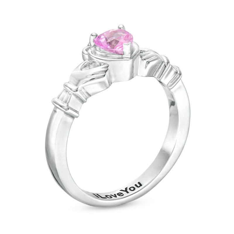 Main Image 3 of 5.0mm Heart-Shaped Simulated Gemstone Engravable Claddagh Ring in Sterling Silver (1 Stone and 1 Line)
