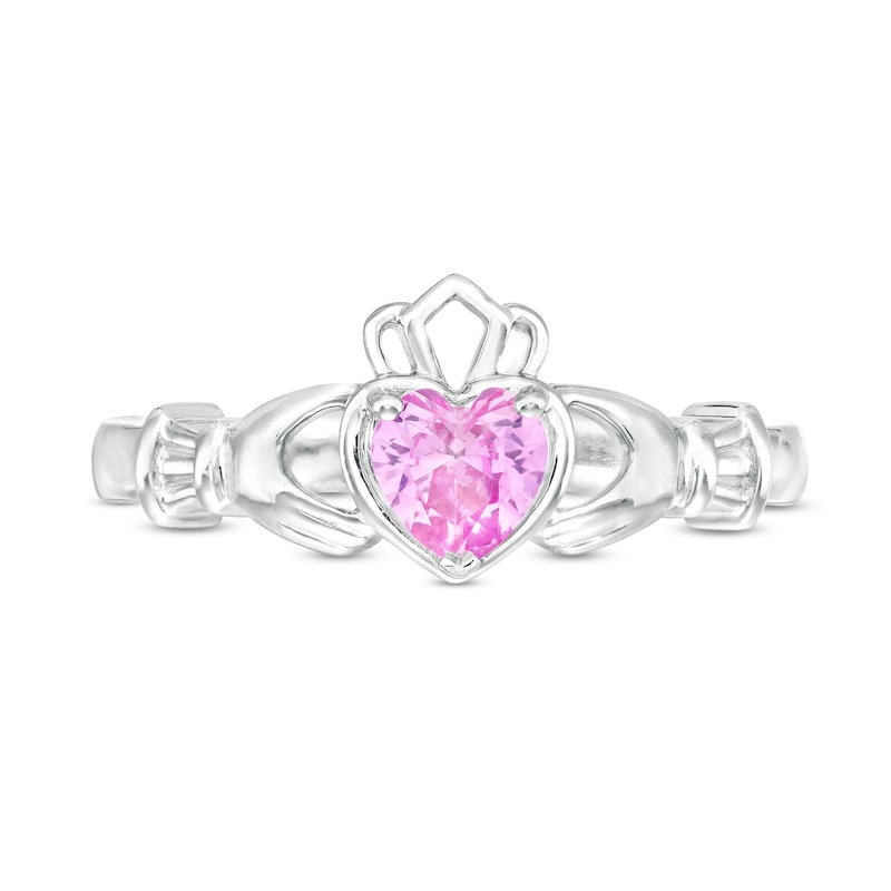 Main Image 4 of 5.0mm Heart-Shaped Simulated Gemstone Engravable Claddagh Ring in Sterling Silver (1 Stone and 1 Line)