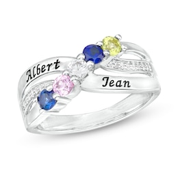 Couple's Simulated Gemstone and Diamond Accent Engravable Crossover Ring in Sterling Silver (5 Stones and 2 Lines)