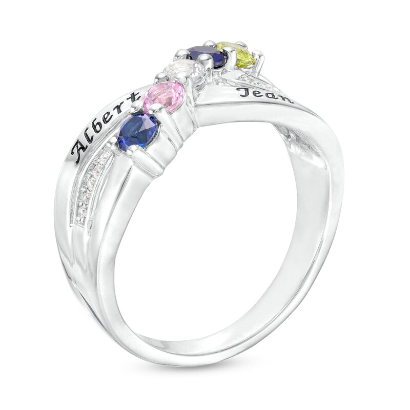 Couple's Simulated Gemstone and Diamond Accent Engravable Crossover Ring in Sterling Silver (5 Stones and 2 Lines)