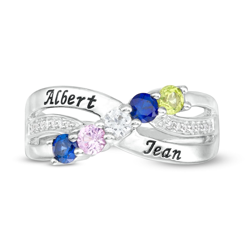 Couple's Simulated Gemstone and Diamond Accent Engravable Crossover Ring in Sterling Silver (5 Stones and 2 Lines)