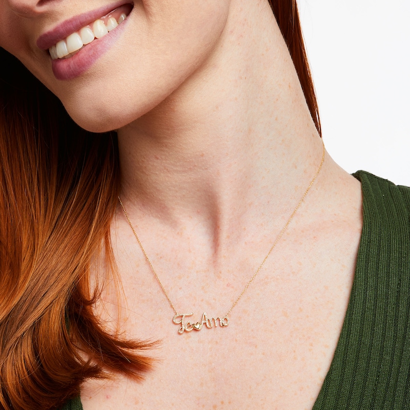 Main Image 2 of Love Talks 1/6 CT. T.W. Diamond "Te Amo" Cursive Script with Heart Necklace in 10K Gold