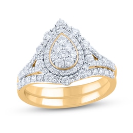 1 CT. T.W. Pear-Shaped Multi-Diamond Double Frame Split Shank Ornate Bridal Set in 14K Gold