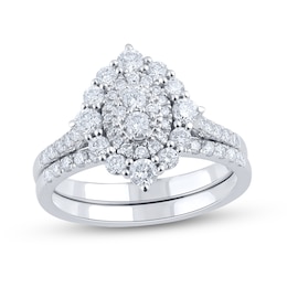 1 CT. T.W. Oval-Shaped Multi-Diamond Double Frame Ornate Bridal Set in 14K White Gold