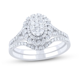 5/8 CT. T.W. Oval-Shaped Multi-Diamond Double Frame Split Shank Bridal Set in 14K White Gold