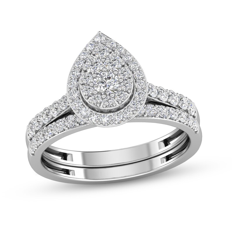 3/4 CT. T.W. Pear-Shaped Multi-Diamond Frame Bridal Set in 14K White Gold